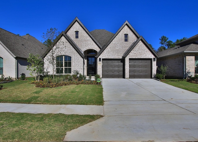17711 Monarch Vista Ln, Conroe, TX 77302 - french country style house featuring brick siding, driveway, a front lawn, and a garage