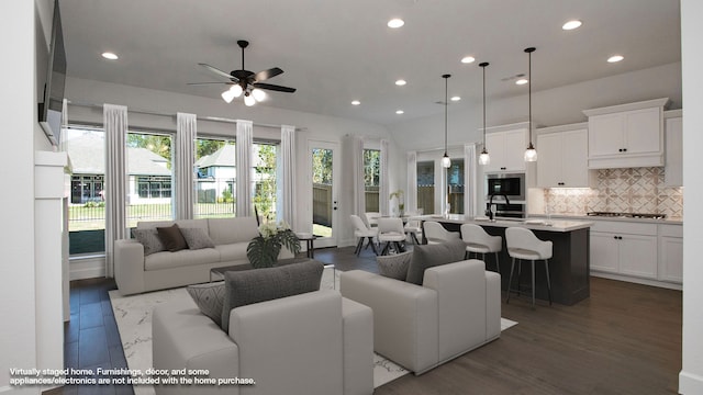 living room with dark hardwood / wood-style floors and ceiling fan