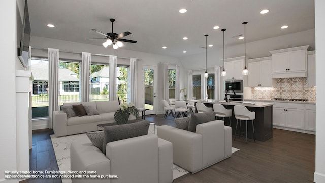 17711 Monarch Vista Ln, Conroe, TX 77302 - living room featuring recessed lighting, ceiling fan, and wood finished floors