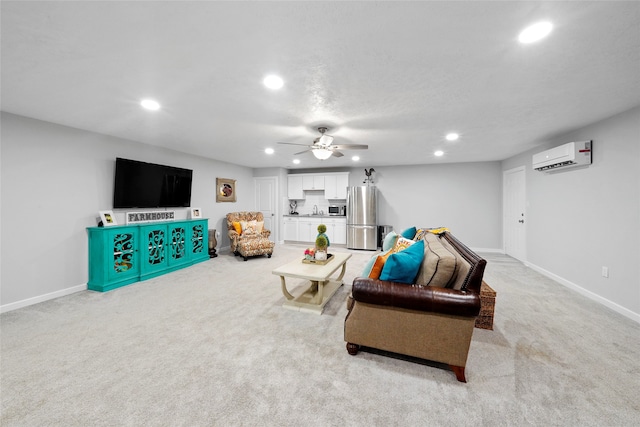 carpeted living room featuring ceiling fan, sink, and a wall mounted air conditioner