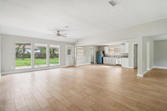 unfurnished living room featuring ceiling fan, a sink, visible vents, baseboards, and light wood-style floors