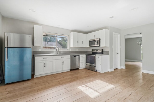 kitchen with sink, stainless steel appliances, white cabinets, and light wood-type flooring