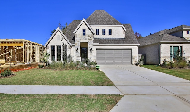 view of front of house with a garage and a front lawn