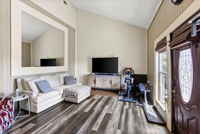 living room featuring lofted ceiling and dark wood-type flooring