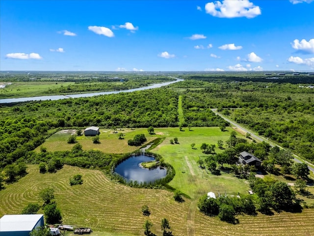 aerial view featuring a rural view and a water view