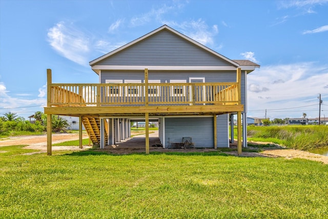 back of property with a deck, a carport, a lawn, and dirt driveway