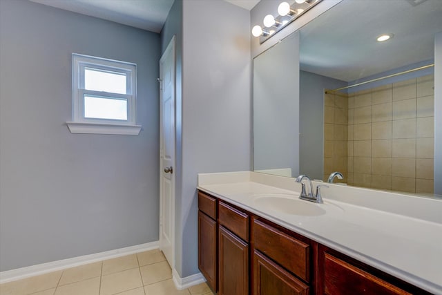 full bathroom featuring recessed lighting, baseboards, vanity, and tile patterned flooring