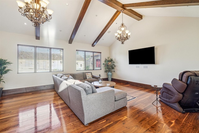 living room featuring hardwood / wood-style flooring, beam ceiling, high vaulted ceiling, and a notable chandelier