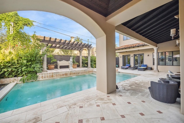 view of swimming pool with an outdoor living space, a pergola, a patio, and pool water feature