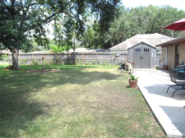 view of yard with a patio and a storage unit