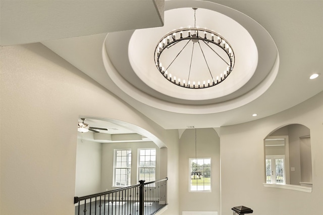 1714 Mackey Dr, Dickinson, TX 77539 - detailed view of a chandelier, recessed lighting, a ceiling fan, and a tray ceiling
