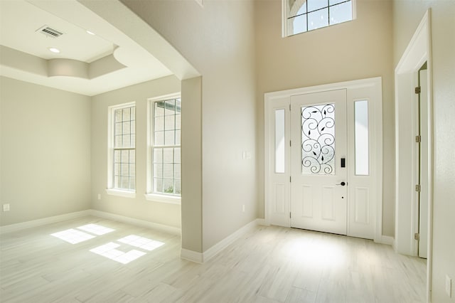 foyer featuring light wood-type flooring and a raised ceiling