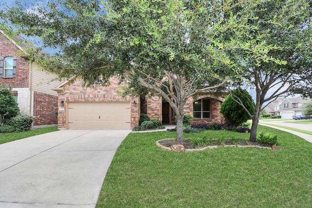 view of property hidden behind natural elements with a front yard and a garage