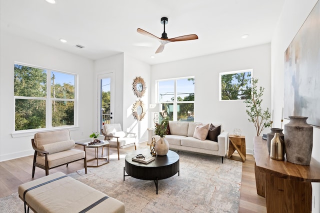 living room with plenty of natural light, ceiling fan, and light wood-type flooring