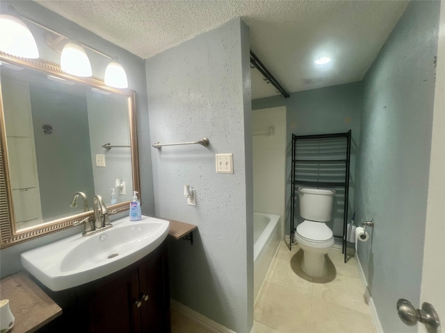 full bathroom with vanity, shower / bath combination, tile patterned floors, a textured ceiling, and toilet