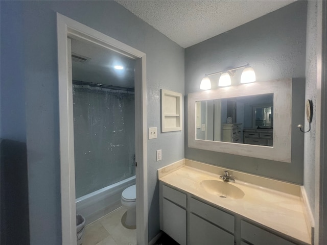 full bathroom featuring shower / tub combo, a textured ceiling, tile patterned flooring, vanity, and toilet