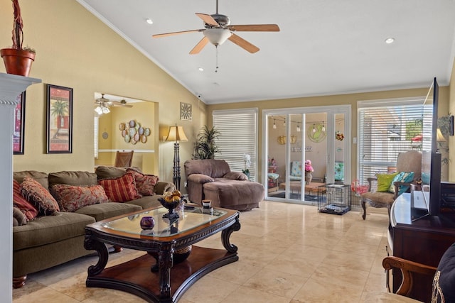 living room featuring crown molding, high vaulted ceiling, light tile patterned floors, and ceiling fan