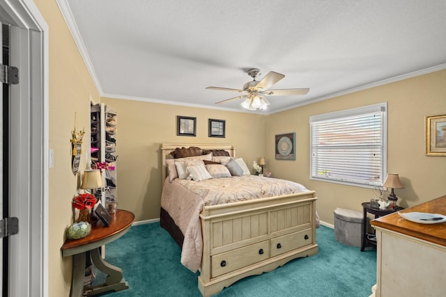 carpeted bedroom featuring ornamental molding and ceiling fan