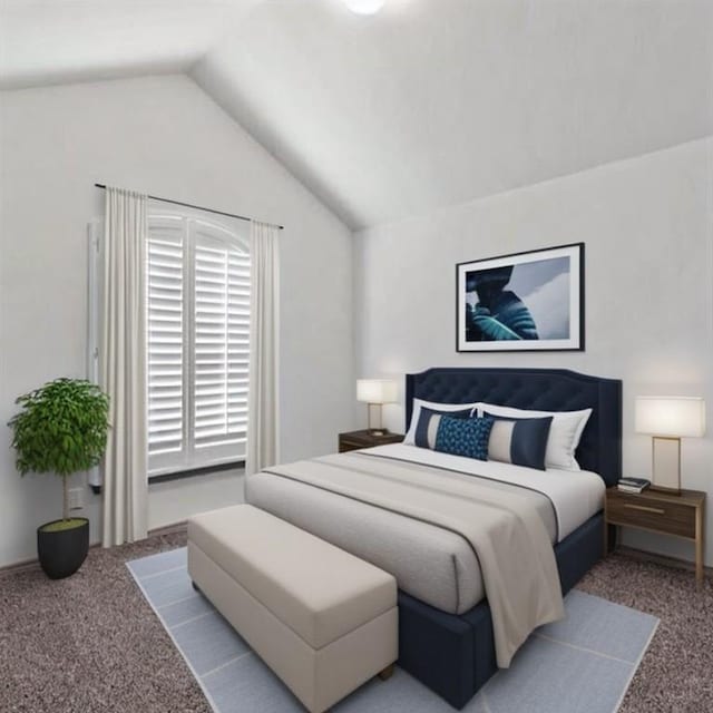 carpeted bedroom featuring lofted ceiling