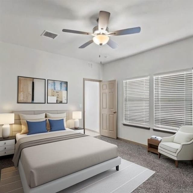 bedroom featuring carpet floors and ceiling fan