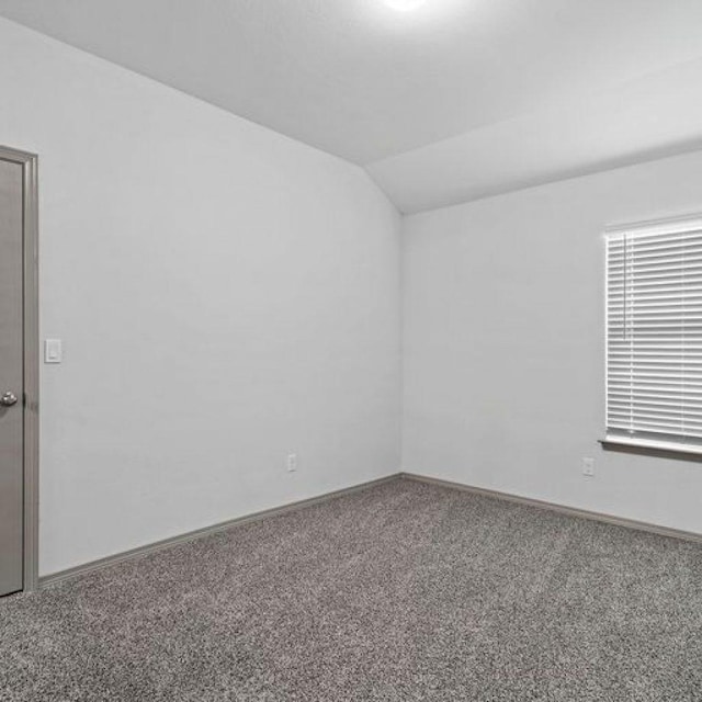 empty room featuring vaulted ceiling and carpet