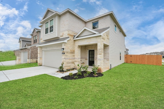 craftsman-style home with an attached garage, brick siding, fence, driveway, and a front lawn