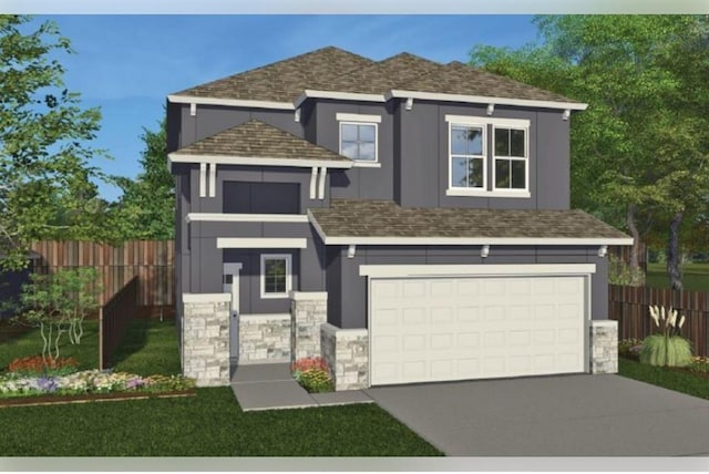 craftsman inspired home featuring driveway, an attached garage, fence, and stucco siding