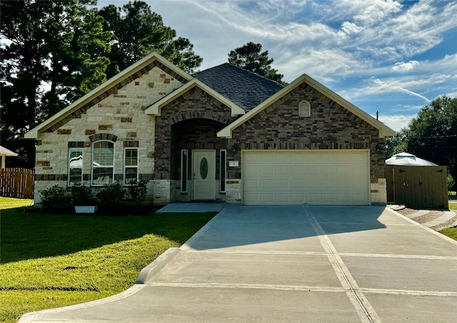 view of front of property with a garage and a front lawn