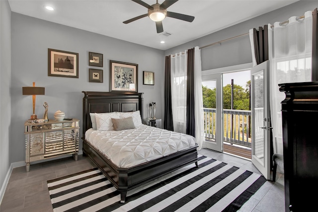 tiled bedroom featuring access to outside and ceiling fan