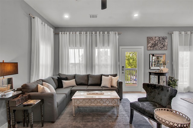 living room with ceiling fan