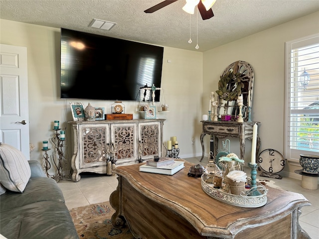 interior space featuring a textured ceiling and ceiling fan