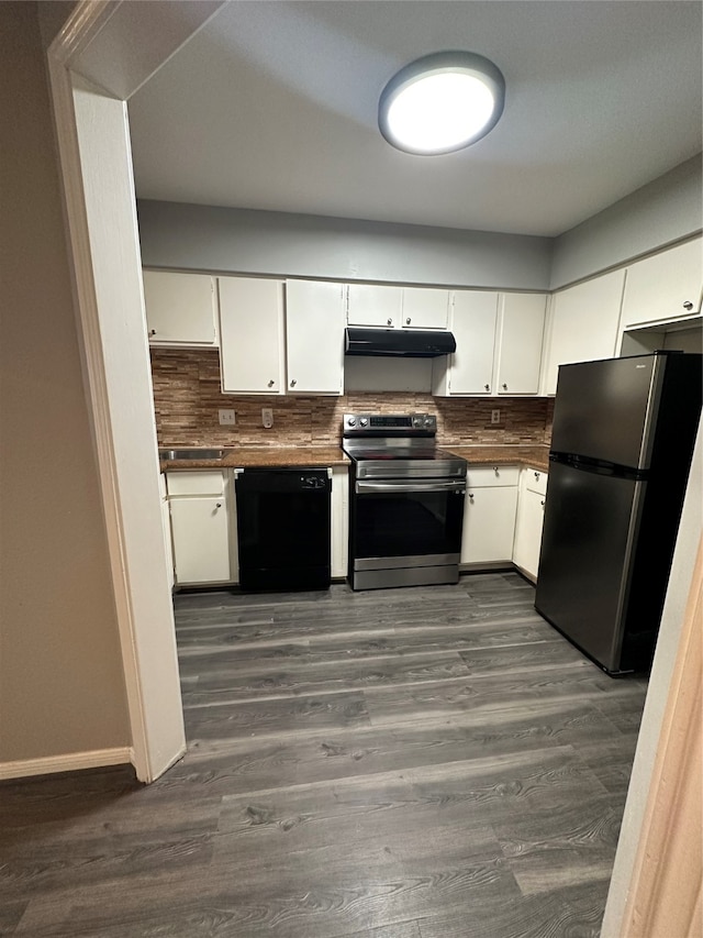 kitchen featuring backsplash, stainless steel appliances, white cabinetry, and dark hardwood / wood-style floors