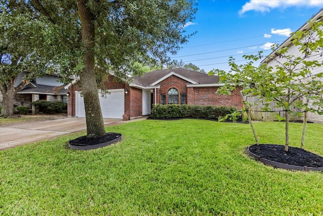 single story home featuring a front lawn and a garage