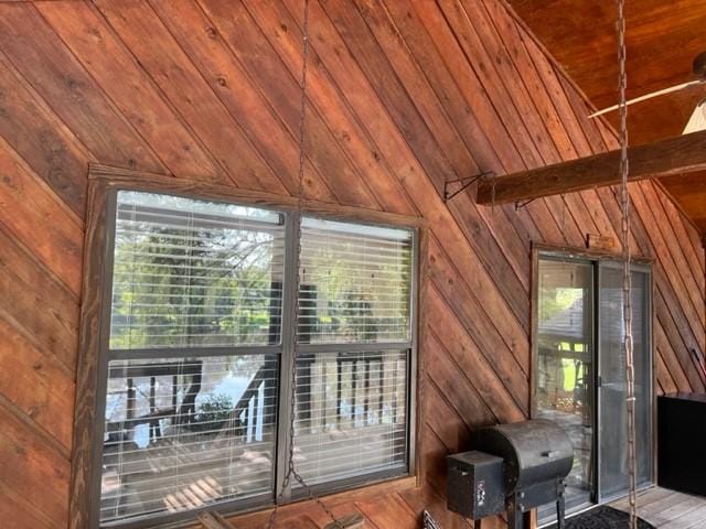 interior space with lofted ceiling, a wealth of natural light, and wood walls