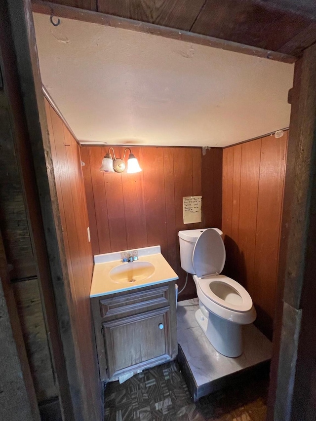 bathroom with vanity, toilet, and wooden walls