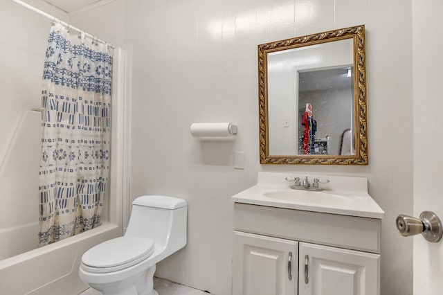 full bathroom featuring tile patterned flooring, vanity, shower / tub combo, and toilet