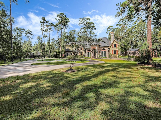 view of front of house with a chimney and a front yard