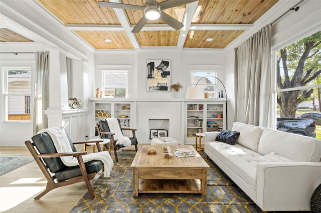 506 E Evergreen St, San Antonio, TX 78212 - living room with a wooden ceiling with exposed beams, plenty of natural light, dark wood-style flooring, crown molding, and ceiling fan