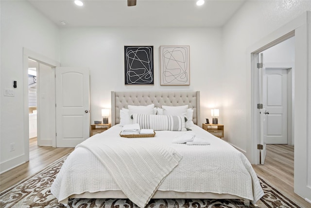 506 E Evergreen St, San Antonio, TX 78212 - bedroom with light wood-type flooring, recessed lighting, and ceiling fan
