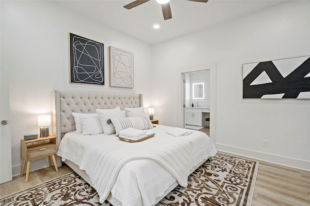 506 E Evergreen St, San Antonio, TX 78212 - bedroom featuring light wood-type flooring, ensuite bathroom, a ceiling fan, and recessed lighting