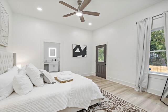506 E Evergreen St, San Antonio, TX 78212 - bedroom featuring light wood-type flooring, multiple windows, recessed lighting, ensuite bathroom, and a ceiling fan
