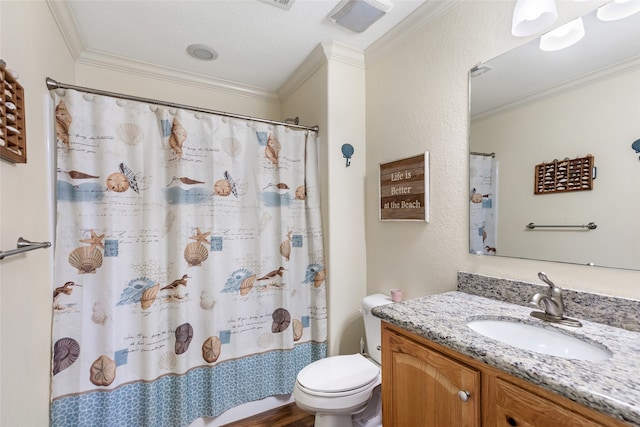 bathroom featuring crown molding, vanity, and toilet