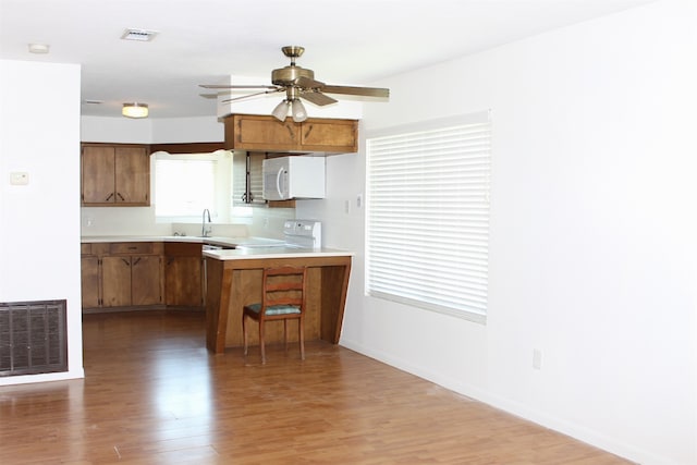 kitchen featuring white appliances, kitchen peninsula, ceiling fan, light hardwood / wood-style flooring, and sink