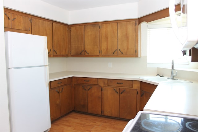 kitchen featuring light wood-type flooring, white refrigerator, and sink