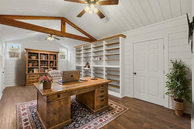 office featuring dark hardwood / wood-style flooring, vaulted ceiling, ceiling fan, and wood walls