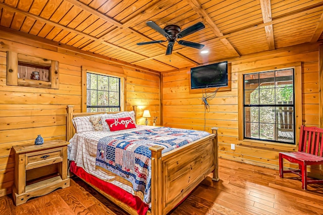 bedroom with wooden walls, wooden ceiling, and wood-type flooring