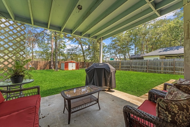 view of patio / terrace featuring area for grilling and a storage shed