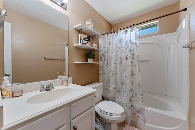 full bathroom featuring toilet, vanity, and shower / bathtub combination with curtain