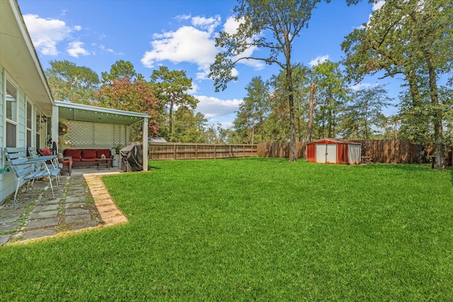 view of yard with a patio and a storage unit