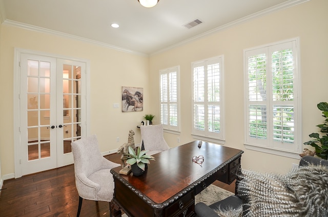 office area with ornamental molding, hardwood / wood-style flooring, and french doors